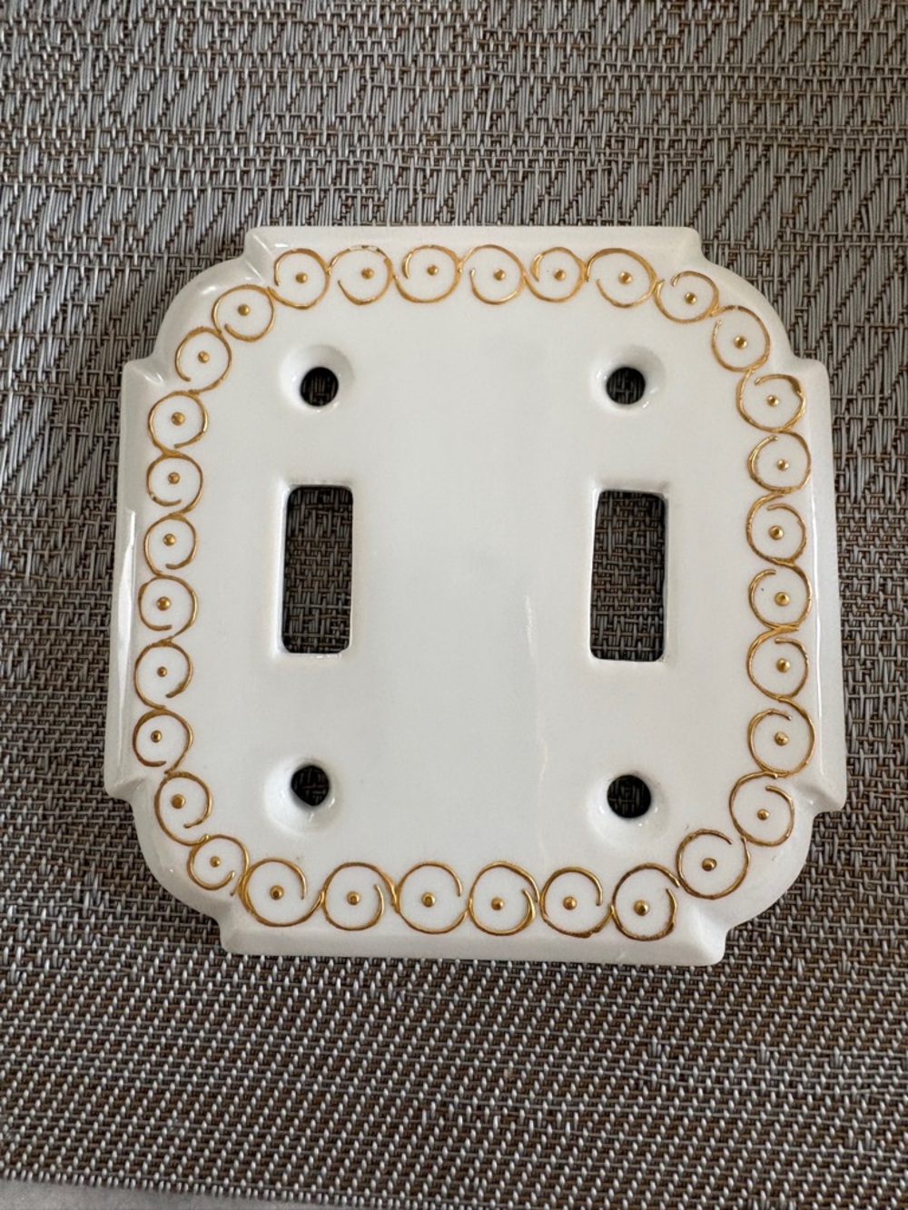 Vintage 1960s Porcelain Double Toggle Wall Plate with Gold Scroll Accent